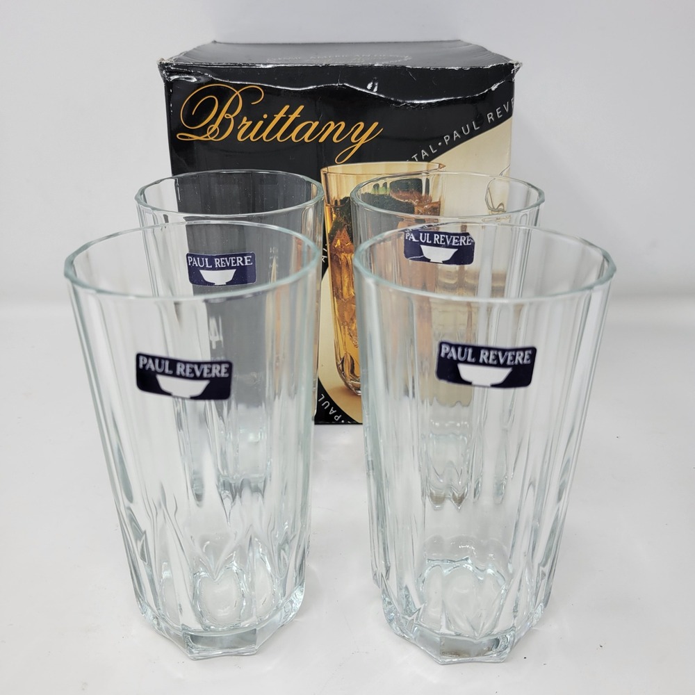 Pasabahce Paul Revere Brittany Crystal Hi Ball Glasses Set of 4 Clear Vintage